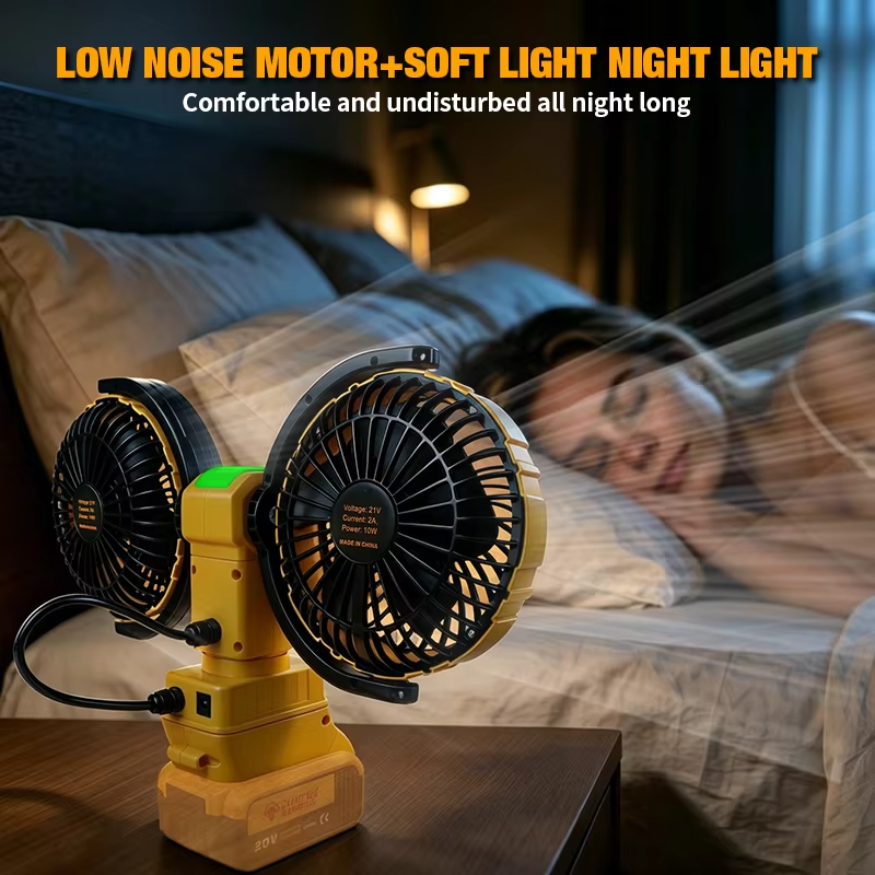3000RPM Portable Dual Head Fan 360° Rotatable 3-Speeds Powerful Power Cooling Air Fan Low Noise Fan For Dewalt 20V Battery Pin
