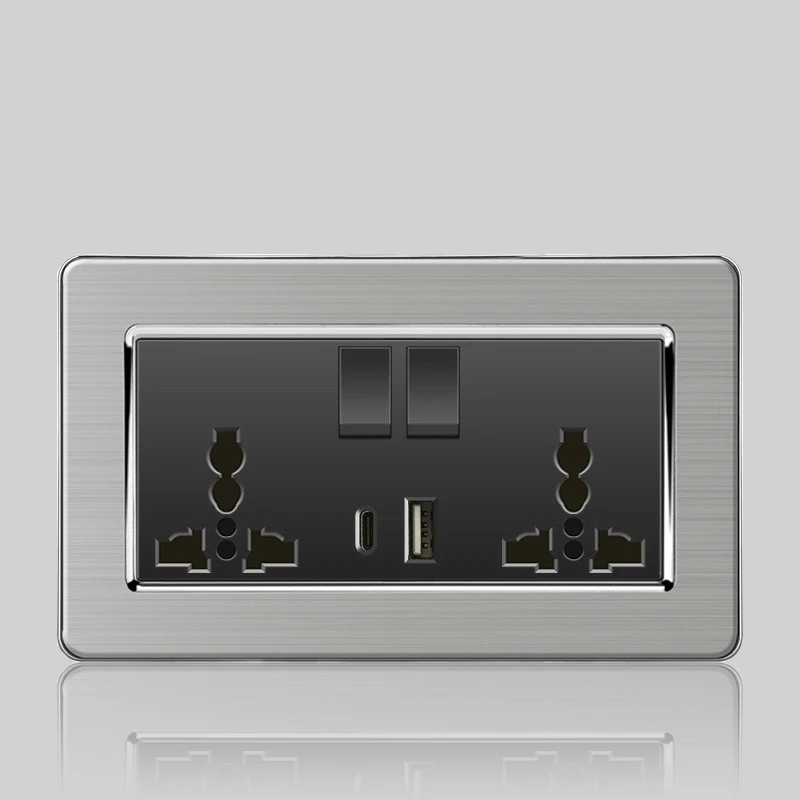 Wall LED Light Universal Switch Stainless steel Panel,EU UK USB Type-c 18W Fast Charging Plug socket 1 2 3 Gang 1 2 Way switch