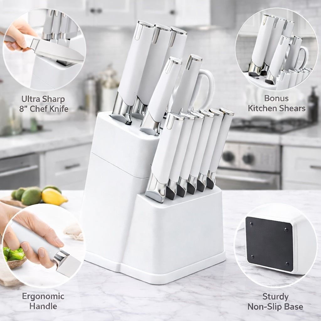 13pcs All-in-One Kitchen Knife Set with Holder - Includes 6 Steak Knives, Chef Knife, Bread Knife & Scissors - Perfect Housewarming Gift for New Home - Sharp & Durable Cooking Tools