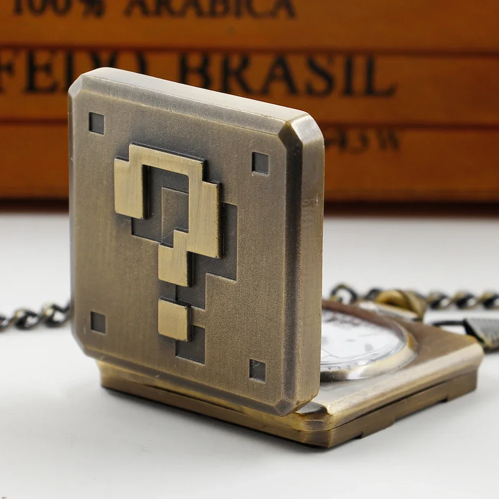Retro Question Mark Bronze Quartz Pocket Watch — Vintage Pendant Chain Clock