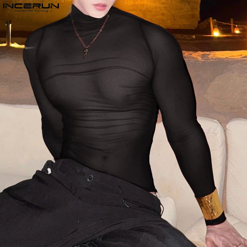 Men's Mesh Long Sleeve Turtleneck T-Shirt See Through Slim Fit Casual Streetwear Top