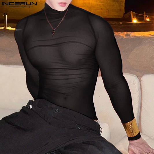 Men's Mesh Long Sleeve Turtleneck T-Shirt See Through Slim Fit Casual Streetwear Top