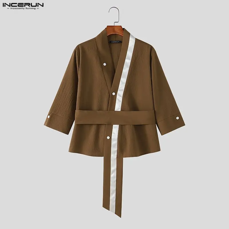 INCERUN Men's Shirt Patchwork V Neck 3/4 Sleeve Casual Irregular Shirts For Man Streetwear 2026 Color-block Fashion Men Clothes