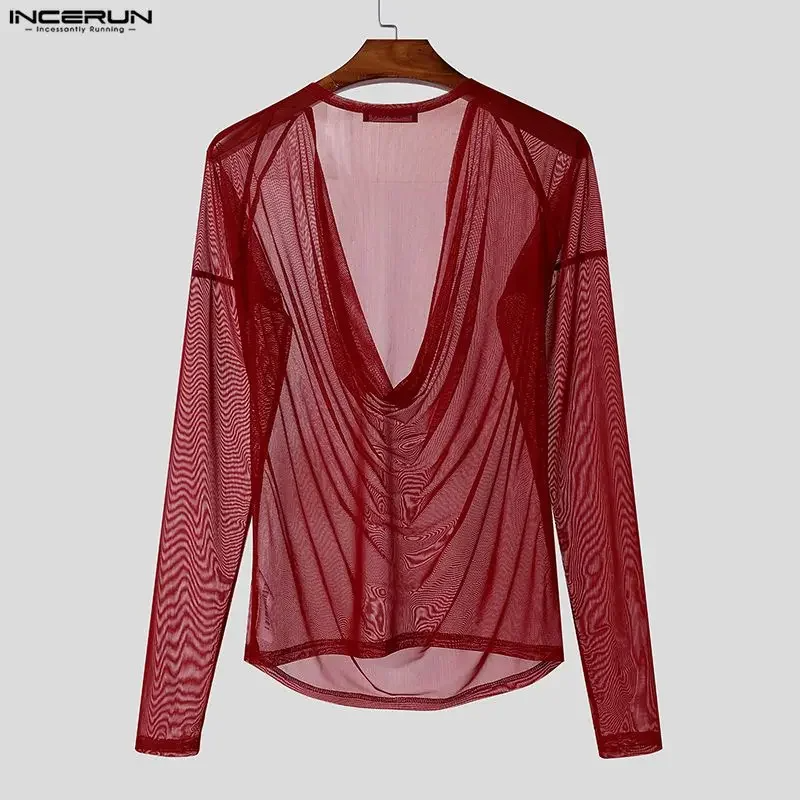 INCERUN Men T Shirt Mesh See Through Sexy Long Sleeve Casual Male Tee Tops Party Nightclub Streetwear Fashion Men Clothing S-5XL