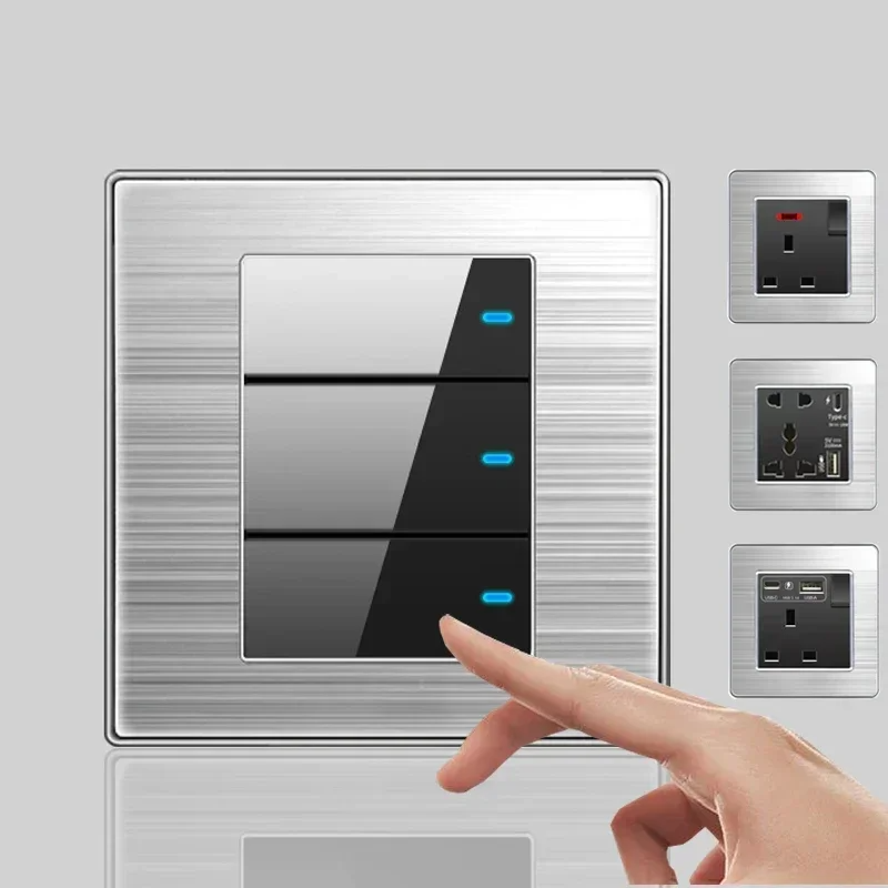 Wall LED Light Universal Switch Stainless steel Panel,EU UK USB Type-c 18W Fast Charging Plug socket 1 2 3 Gang 1 2 Way switch