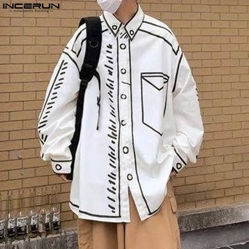 INCERUN Handsome Men Tops 2024 Manga Cartoon Printed Line Shirt Fashion Male Streetwear Hot Sale Loose Long Sleeved Blouse S-5XL