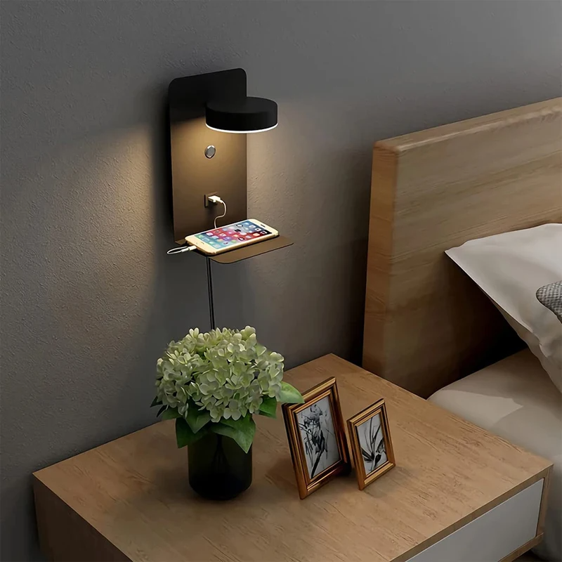 Modern LED Wall Lamp with USB Charging Port, Switch, Indoor Bedroom Living Room Wall Sconce