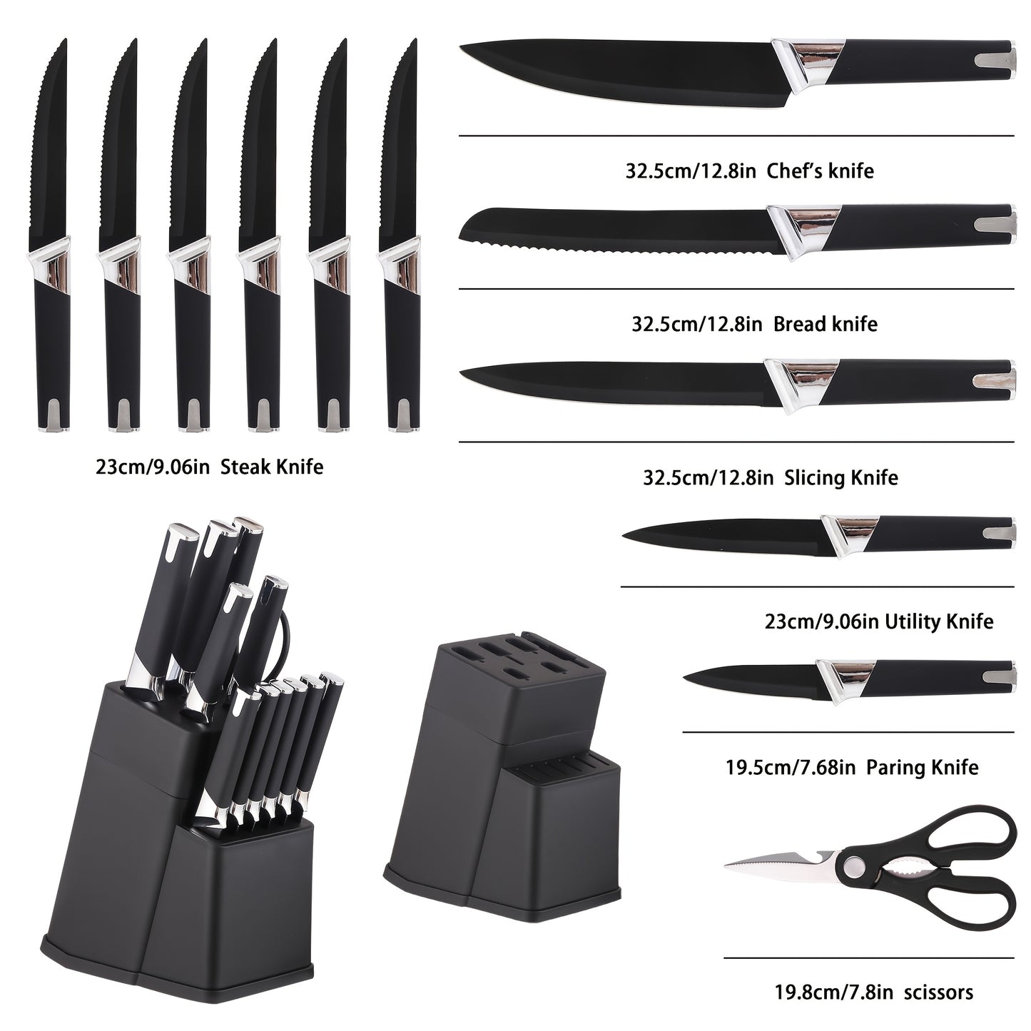 13pcs All-in-One Kitchen Knife Set with Holder - Includes 6 Steak Knives, Chef Knife, Bread Knife & Scissors - Perfect Housewarming Gift for New Home - Sharp & Durable Cooking Tools