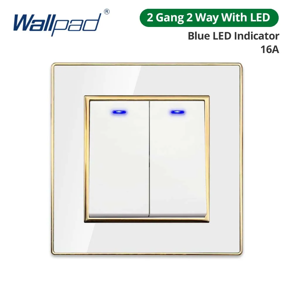 Wallpad White Acrylic Panel With Gold Border 2 Way Wall Light Switch With LED Indicator EU Electric Outlet With USB