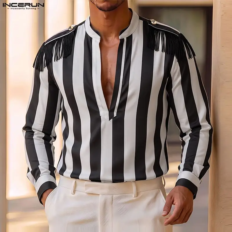 INCERUN Men's Tassel Striped Patchwork Shirt | V-Neck Long Sleeve Streetwear Top | Casual Fashion | FREE SHIPPING 👕🔥
