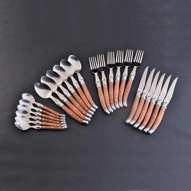 4-24PCS Laguiole Luxury Cutlery Set Rose Wood Handle Stainless Steel Dinnerware | Free Shipping