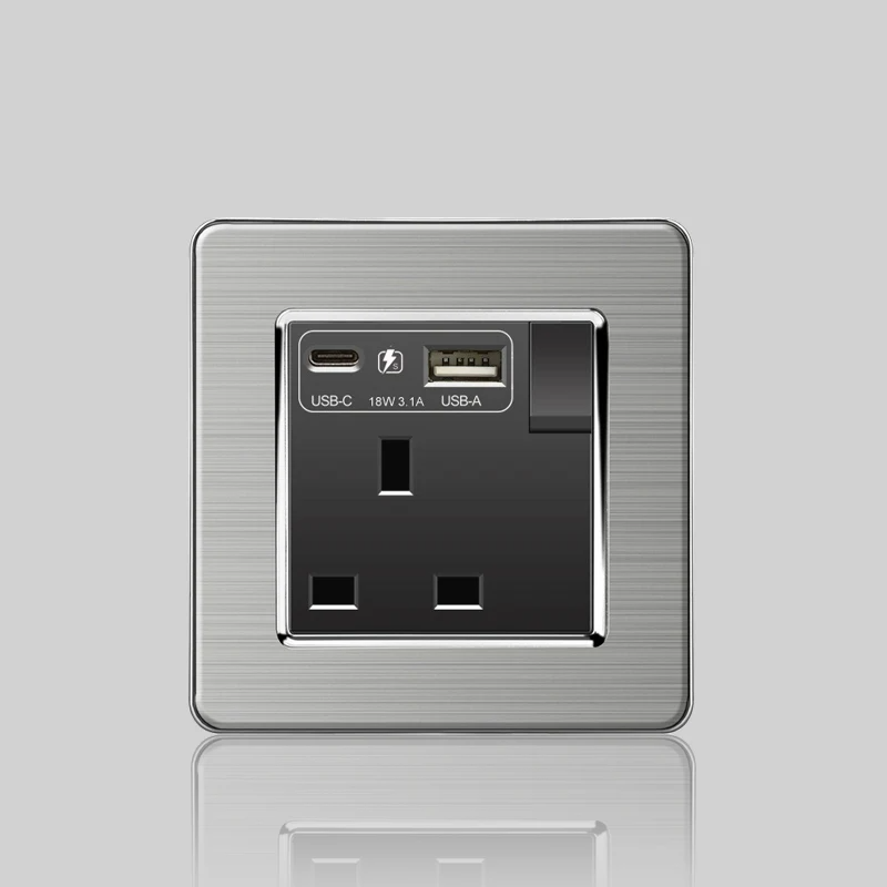 Wall LED Light Universal Switch Stainless steel Panel,EU UK USB Type-c 18W Fast Charging Plug socket 1 2 3 Gang 1 2 Way switch