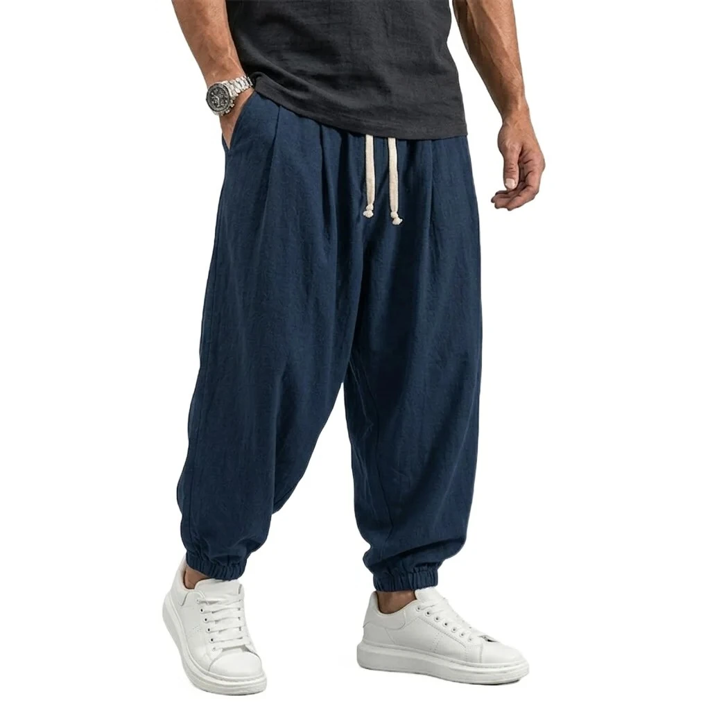 Korean Linen Cotton Pants Men's Gym Man Trousers Casual Work Pants Man Spring Harem Pants Autumn Drawstring Loose Streetwear Man