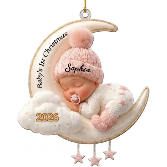 2D Flat,Personalized Baby's First Christmas 2026 ornament with custom baby name and date, sleeping baby design and 2D flat style. Perfect keepsake for parents & grandparents.