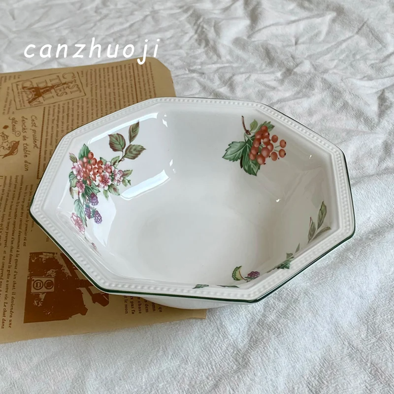 Underglaze Hand-Painted Green Octagonal Plate – Country Fruit Peach & Berry Dinnerware