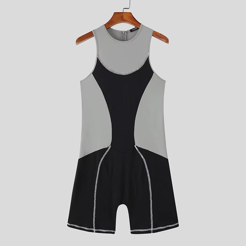 Bodysuits Patchwork Color-block O-neck Sleeveless Male Rompers Playsuits Streetwear Workout