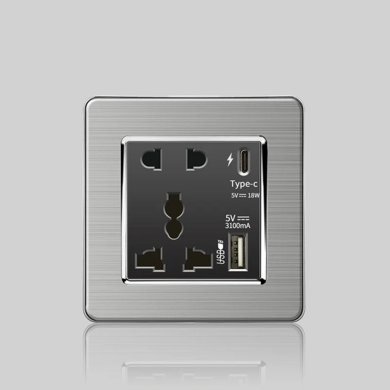 Wall LED Light Universal Switch Stainless steel Panel,EU UK USB Type-c 18W Fast Charging Plug socket 1 2 3 Gang 1 2 Way switch