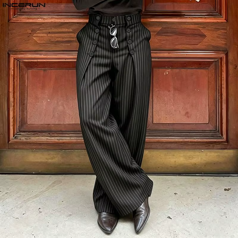 INCERUN Men's Striped Wide Leg Pants — Loose Pleated Casual Streetwear Trousers