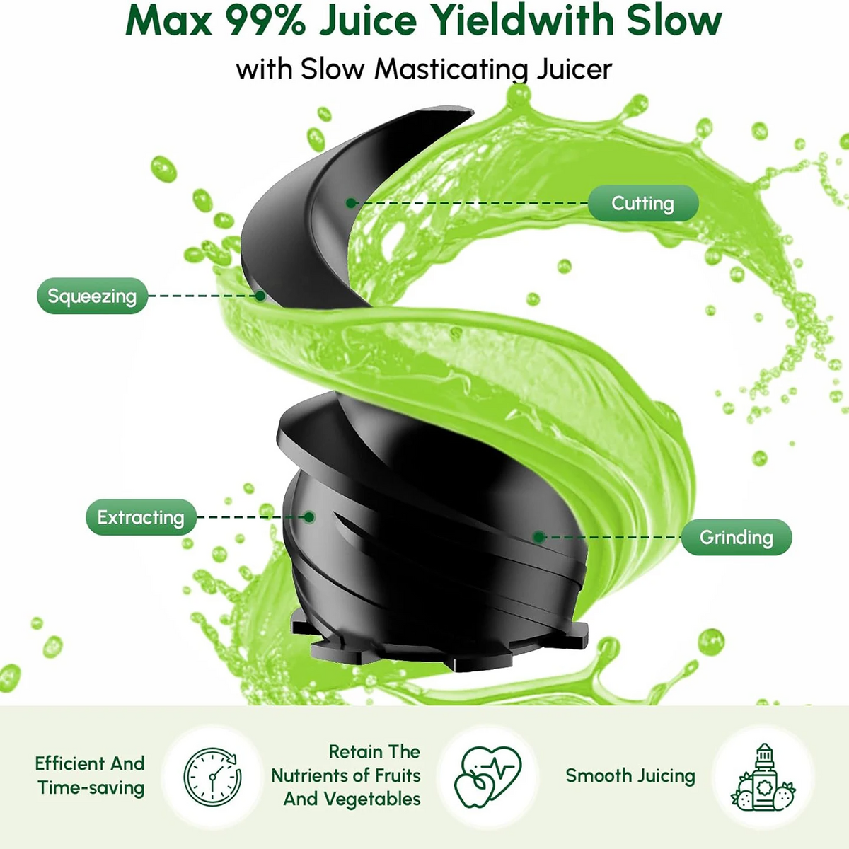 Cold Press Slow Juicer 4.9" Large Feed Chute Whole Fruits & Vegetables, 2×1L Cups For KitchenAid