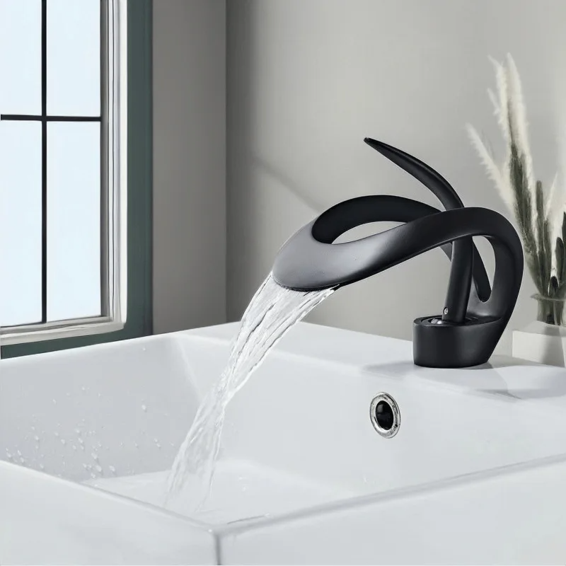 Bathroom Basin Taps Single Handle Waterfall Faucet Solid Brass Basin Mixer Taps Creative Hollowed Out Design Water Tap