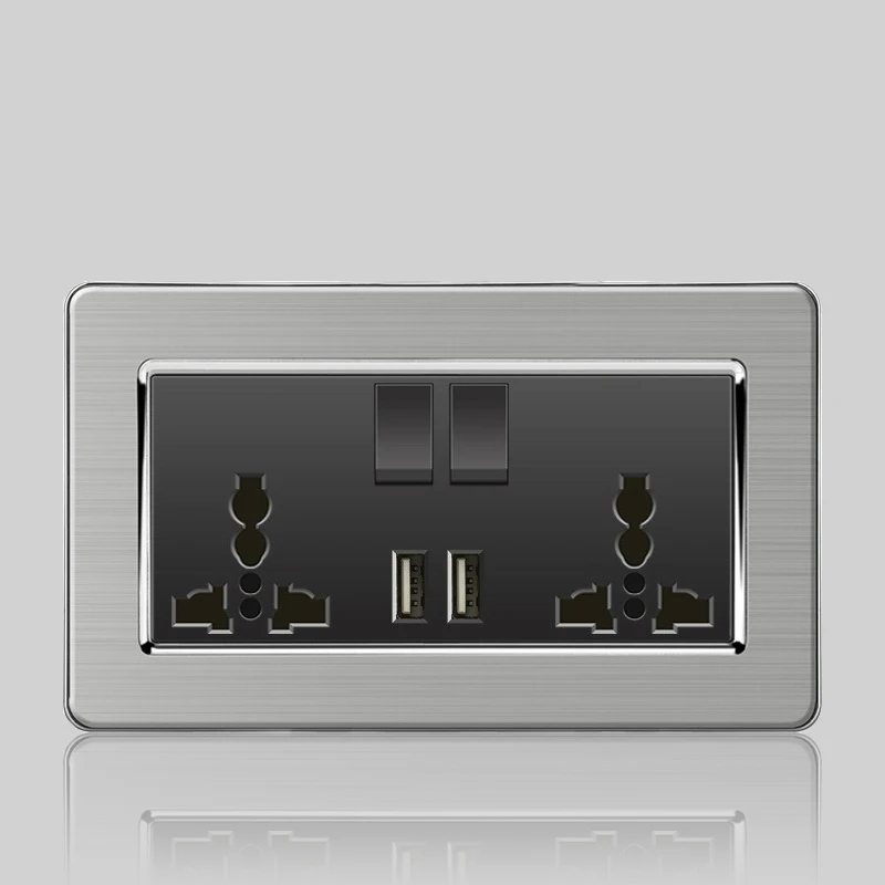 Wall LED Light Universal Switch Stainless steel Panel,EU UK USB Type-c 18W Fast Charging Plug socket 1 2 3 Gang 1 2 Way switch