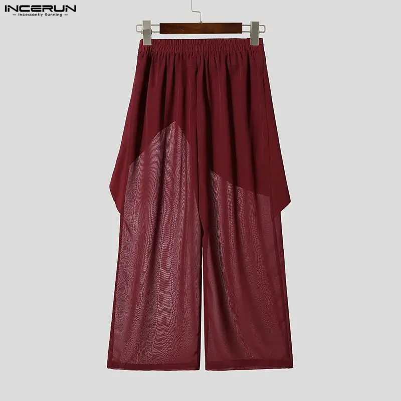Men's Mesh Patchwork Wide Leg Pants Loose Fit See-Through Streetwear Trousers