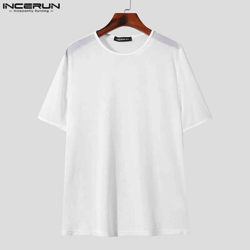 INCERUN Men's Mesh Transparent T-Shirt O-Neck Short Sleeve Sexy Streetwear Solid Color Tee S-3XL