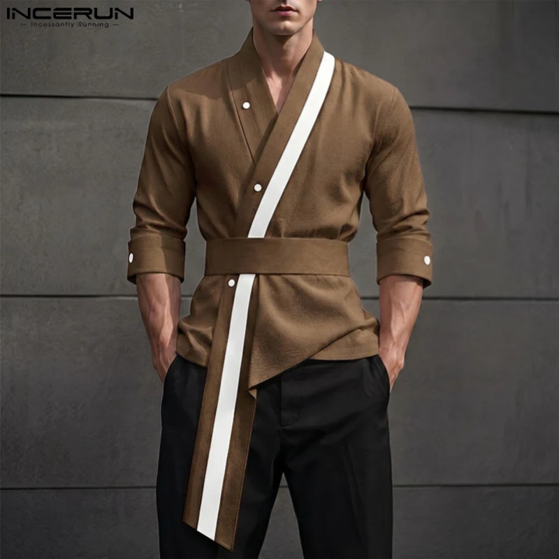 INCERUN Men's Shirt Patchwork V Neck 3/4 Sleeve Casual Irregular Shirts For Man Streetwear 2026 Color-block Fashion Men Clothes