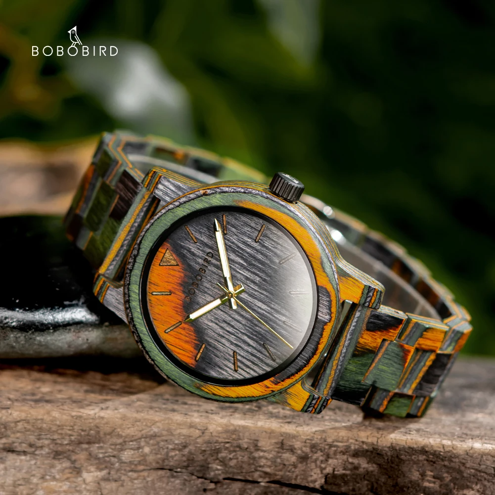 Men’s Colored Wood Quartz Watch – Laser Dial Fashion Casual Wristwatch Personalized Gift
