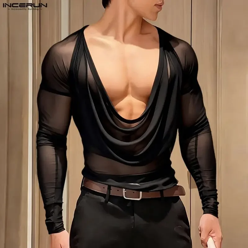 INCERUN Men T Shirt Mesh See Through Sexy Long Sleeve Casual Male Tee Tops Party Nightclub Streetwear Fashion Men Clothing S-5XL
