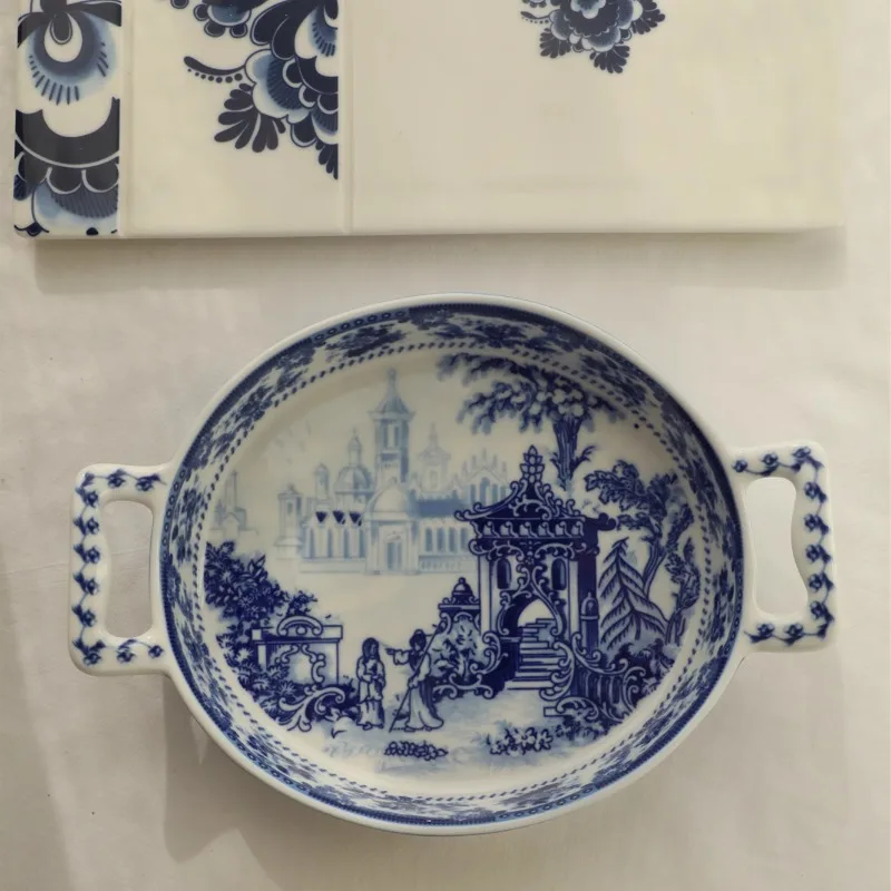 Blue & White Porcelain Casserole Dish DoubleHandled Baking Pan Vintage Ceramic Cookware for Kitchenware Traditional Cooking Pot