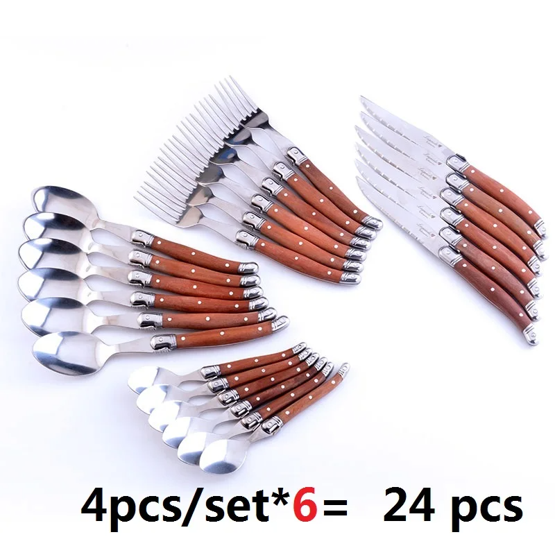 4-24PCS Laguiole Luxury Cutlery Set Rose Wood Handle Stainless Steel Dinnerware | Free Shipping