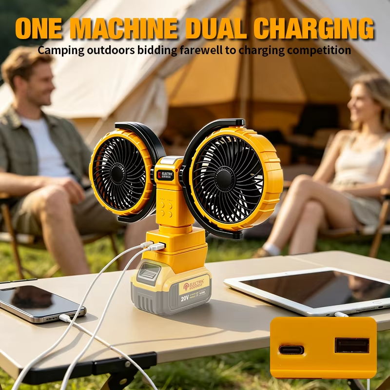3000RPM Portable Dual Head Fan 360° Rotatable 3-Speeds Powerful Power Cooling Air Fan Low Noise Fan For Dewalt 20V Battery Pin