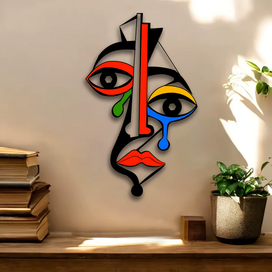 Picasso-Inspired Metal Wall Art – Colorful Abstract Cubist Face Sculpture for Modern Home Decor