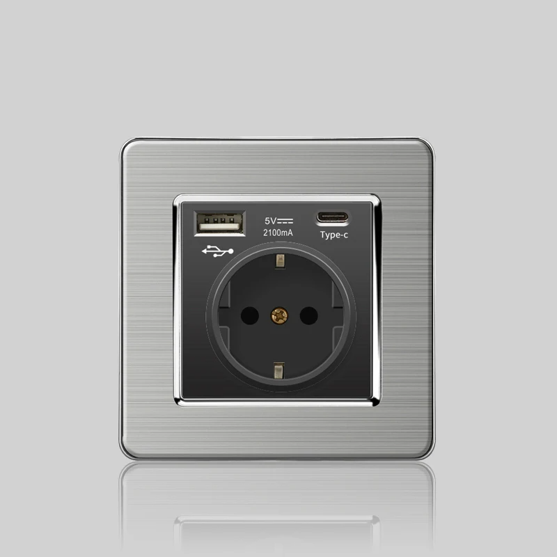 Wall LED Light Universal Switch Stainless steel Panel,EU UK USB Type-c 18W Fast Charging Plug socket 1 2 3 Gang 1 2 Way switch