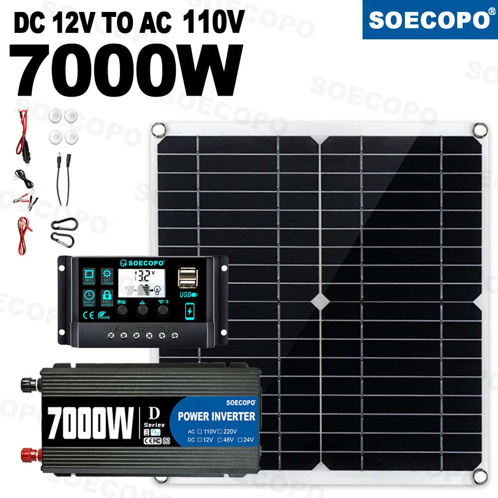 7000W Solar Power Inverter Kit 12V to 110V/220V 300W Panel 100A Controller Free Shipping
