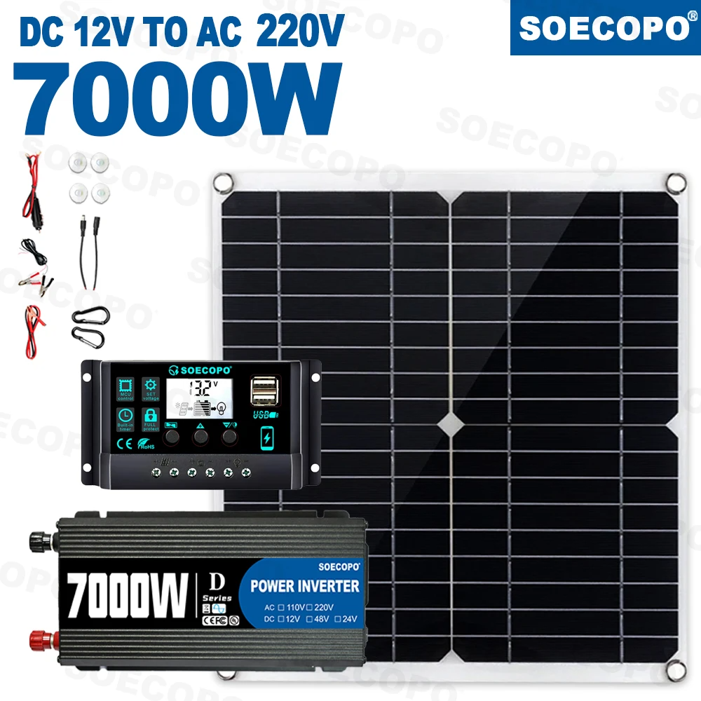 7000W Solar Power Inverter Kit 12V to 110V/220V 300W Panel 100A Controller Free Shipping