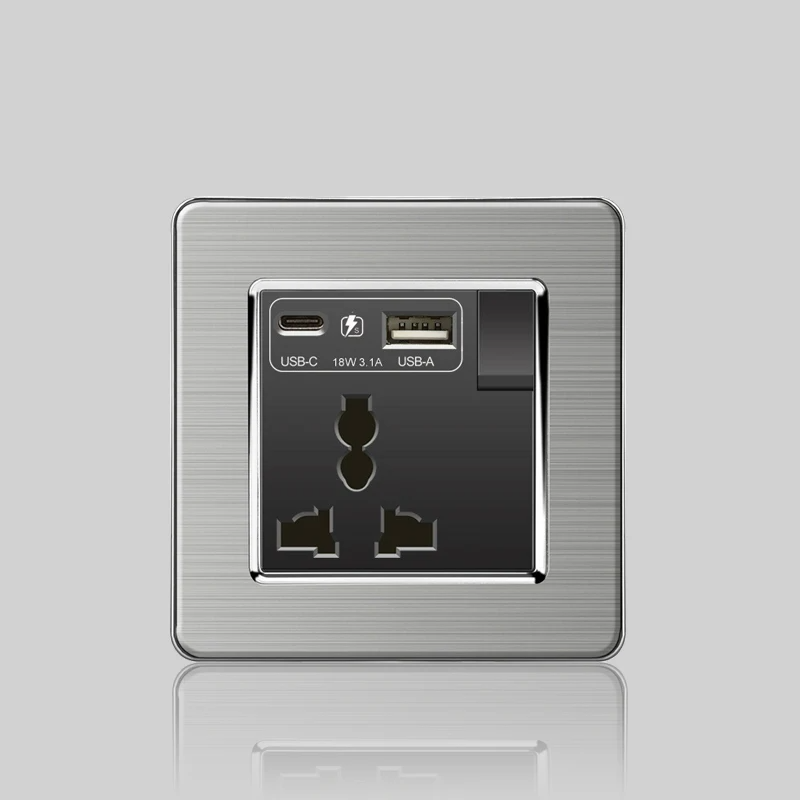 Wall LED Light Universal Switch Stainless steel Panel,EU UK USB Type-c 18W Fast Charging Plug socket 1 2 3 Gang 1 2 Way switch
