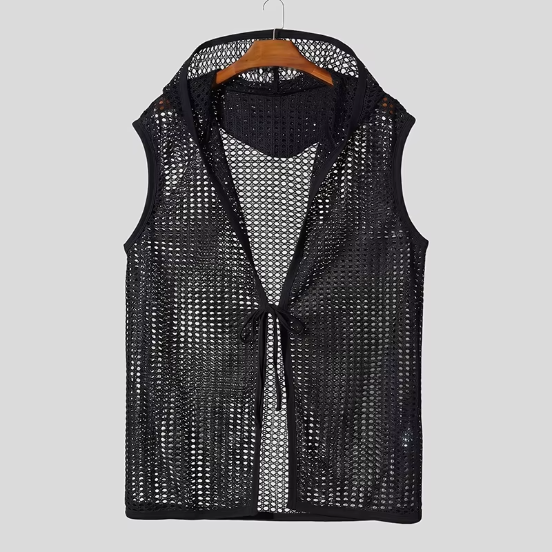 INCERUN Men's Hollow Out Hooded Tank Top | See-Through Lace-Up Sleeveless Vest | Vacation Streetwear | FREE SHIPPING 🌴
