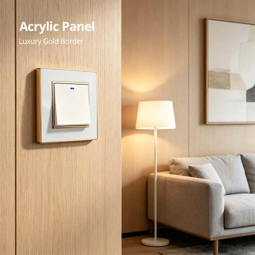 Wallpad White Acrylic Panel With Gold Border 2 Way Wall Light Switch With LED Indicator EU Electric Outlet With USB