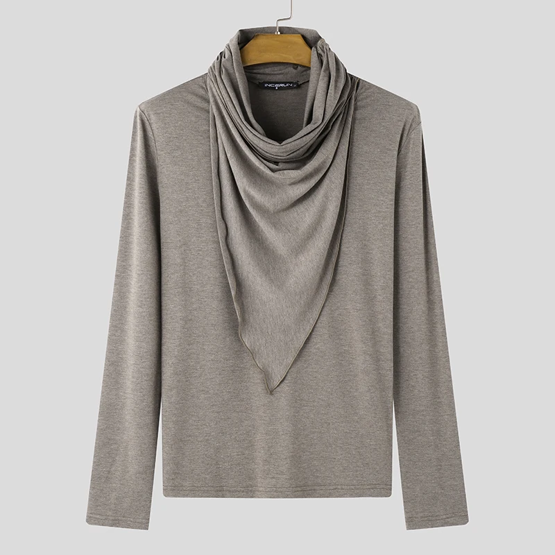 Fashion Casual Tops INCERUN New Men Pile Collar Design Ruffle Edge T-shirts Male City Walk Solid All-match Long Sleeved Camiseta