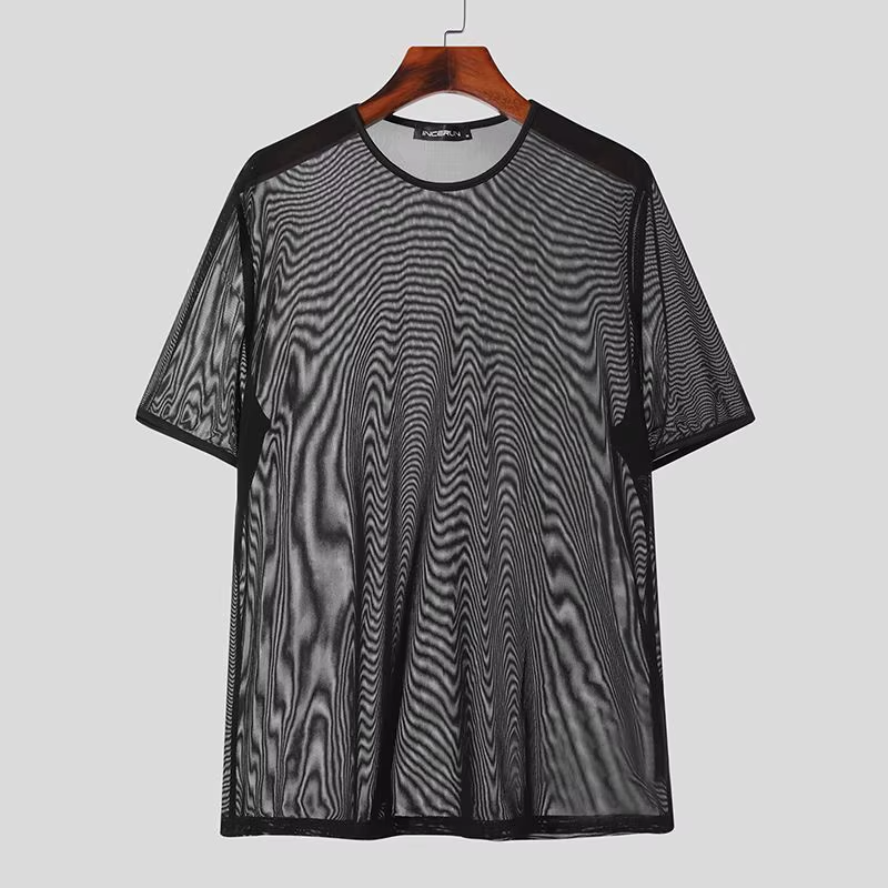 Men's Mesh Transparent T-Shirt O-Neck Short Sleeve Sexy Streetwear Solid Color Tee S-3XL