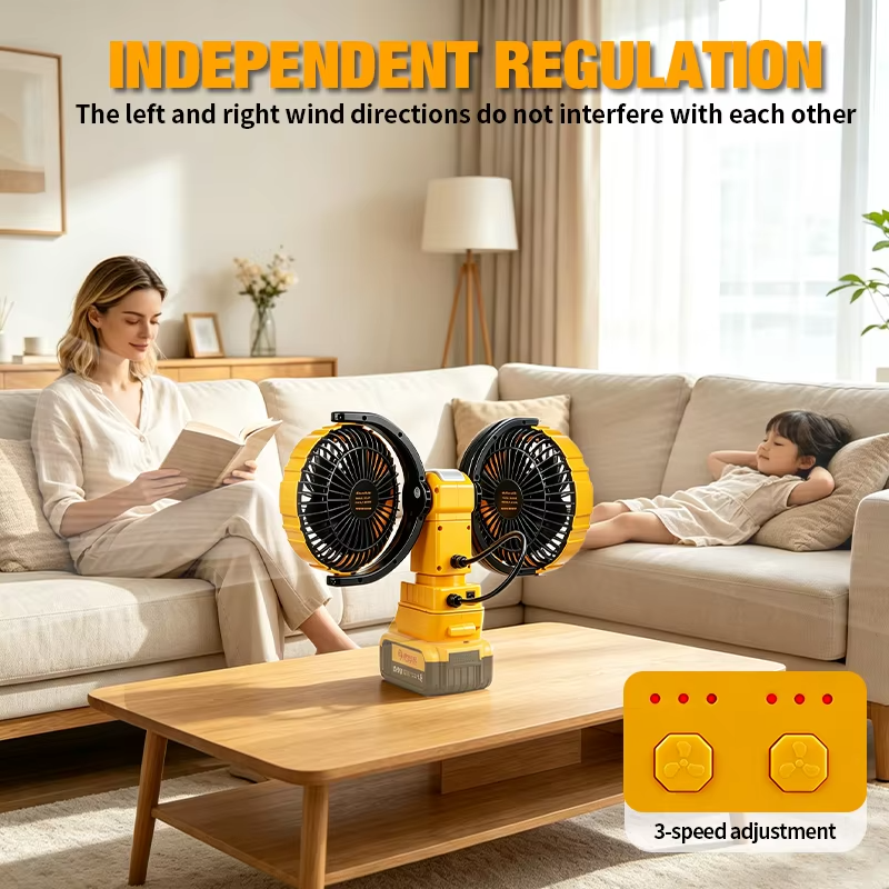 3000RPM Portable Dual Head Fan 360° Rotatable 3-Speeds Powerful Power Cooling Air Fan Low Noise Fan For Dewalt 20V Battery Pin