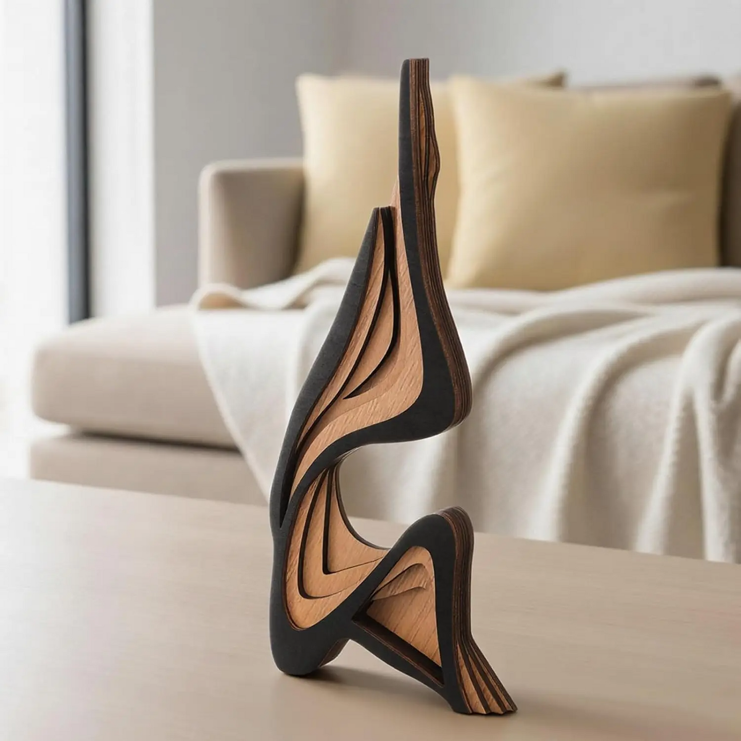 Minimalist Wooden Sculpture Art Figurine – Abstract Curved Wood Carving Home Decor Ornament