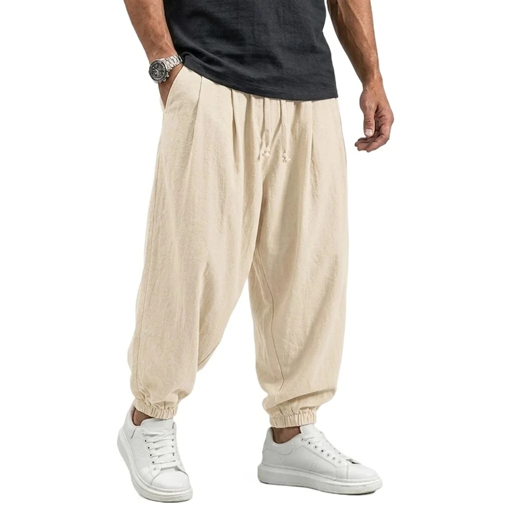 Korean Linen Cotton Pants Men's Gym Man Trousers Casual Work Pants Man Spring Harem Pants Autumn Drawstring Loose Streetwear Man