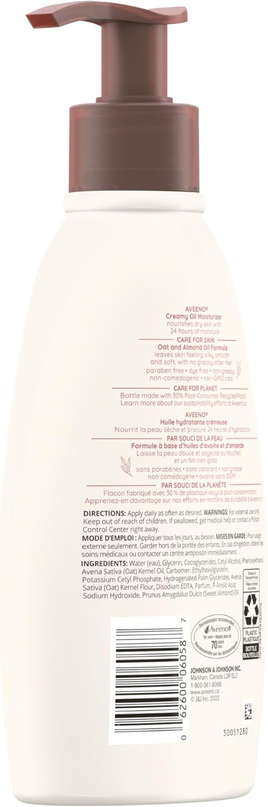 Aveeno Creamy Oil Moisturizer, Dry Skin, Almond Oil & Oat, 354ml - FREE SHIPPING
