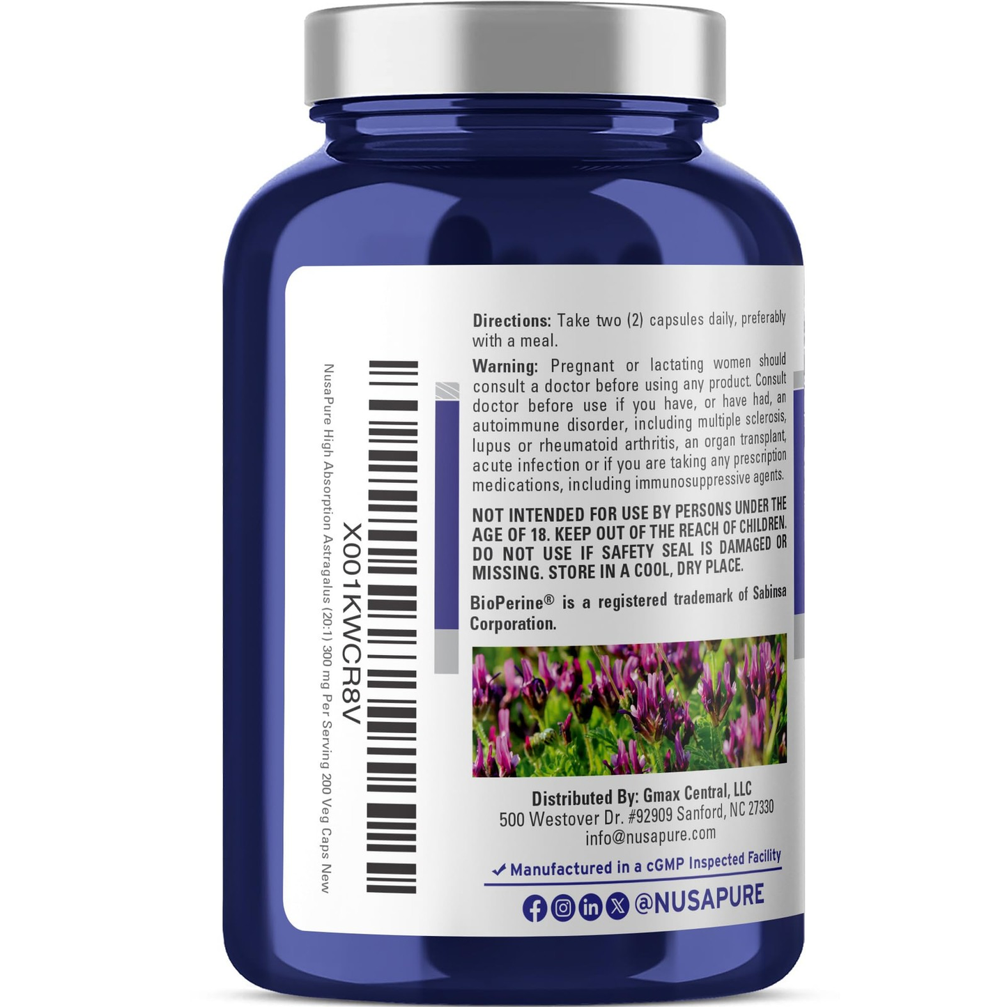 NusaPure Astragalus 300mg 20:1 Extract 200 Veggie Capsules Non-GMO Herbal Supplement