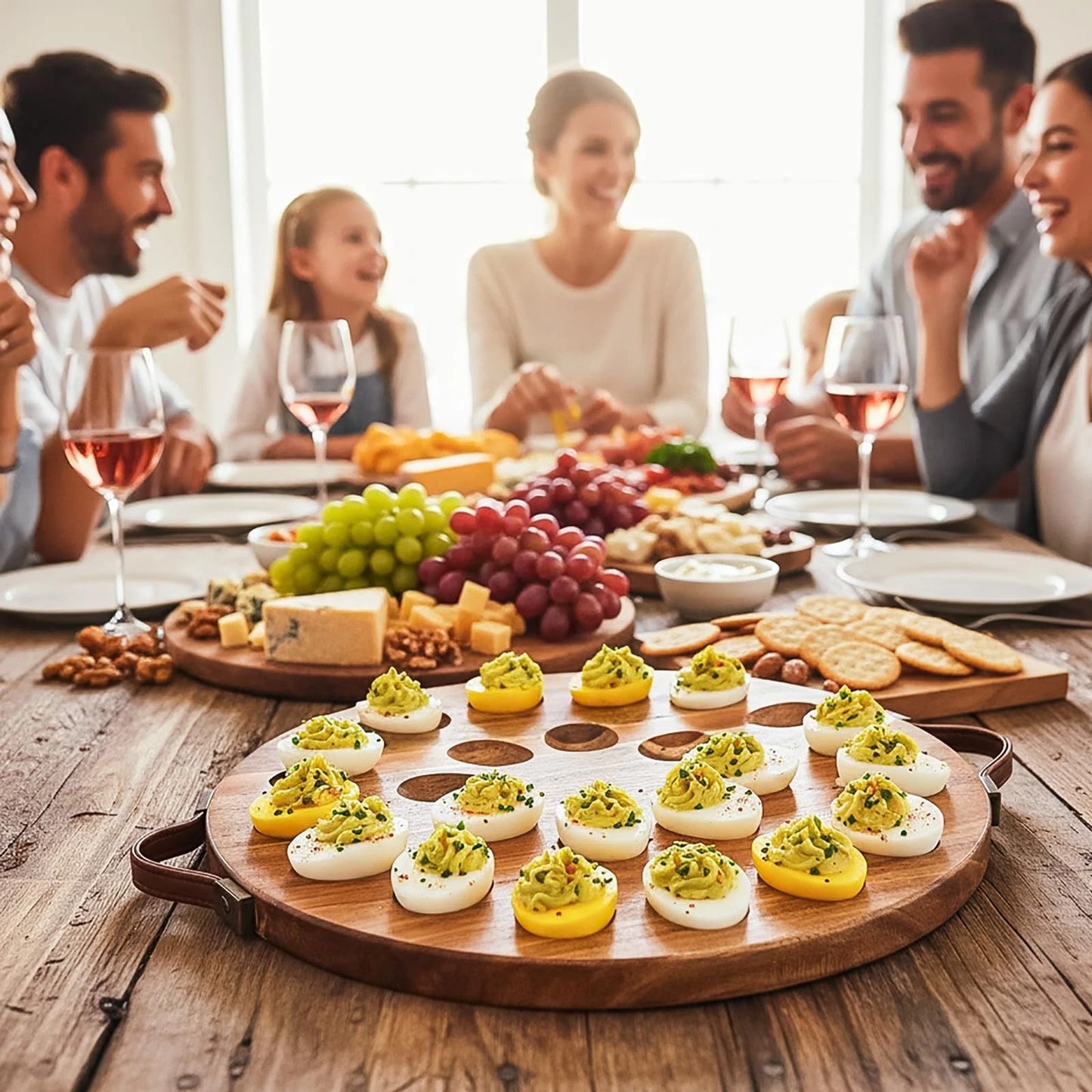 Acacia Wood Deviled Egg Platter with Handles for Easter, 24 Holes round Deviled