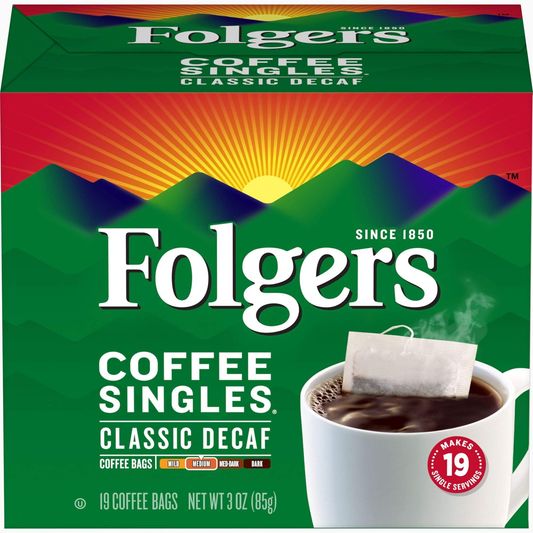 Folgers Classic Decaf Coffee Singles 19 Count Aromatic Flavor 99.7 Caffeine1 Free*Free shipping