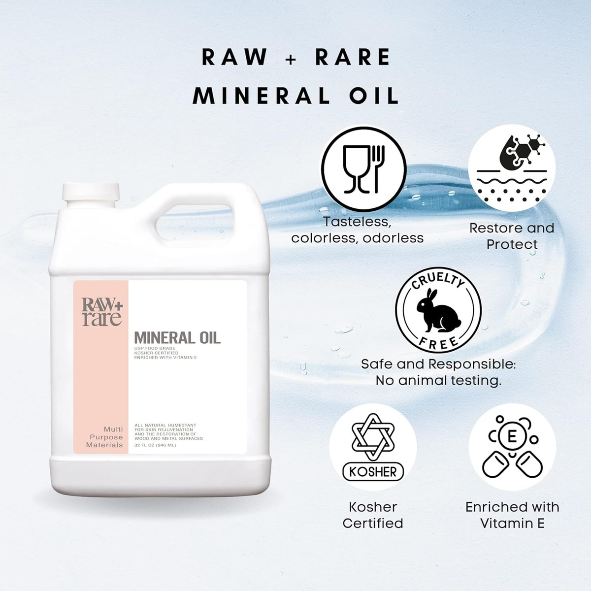 Raw Plus Rare Food Grade Mineral Oil 32 fl oz | Cutting Board, Butcher Block, Wood & Tool Conditioner | FREE SHIPPING 🪵